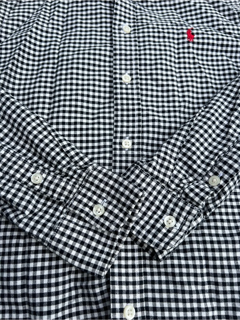 Ralph Lauren Black & White Gingham Button-Down Shirt with Red Polo Logo